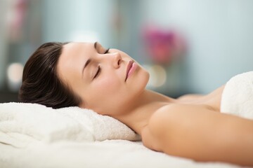 Relaxing spa facial treatment with peaceful woman resting on massage bed, ideal for wellness marketing, skincare branding, beauty therapy promotion, self care lifestyle concepts