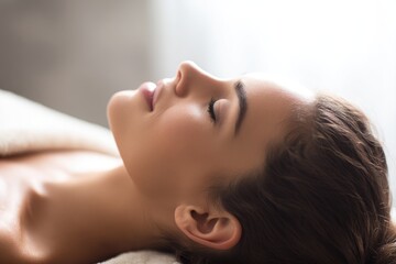 Relaxing spa facial and massage treatment with peaceful woman resting on therapy bed, ideal for wellness branding, skincare marketing, beauty therapy promotion, and holistic self care lifestyle