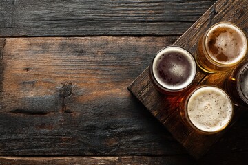 Top view of craft beer glasses on dark rustic wooden table, perfect for brewery branding, tasting menu design, pub promotion, beverage marketing, and social gathering visuals