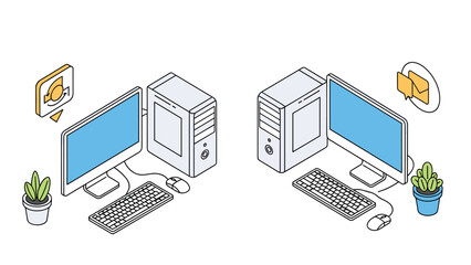 A set of two isometric illustrations of a complete desktop computer setup with a monitor, tower, keyboard, and mouse, with sync and email icons.
