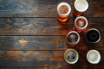 Top view of assorted craft beer glasses on rustic wooden table, perfect for brewery branding, tasting menu layout, pub promotion, beverage marketing, and social gathering design