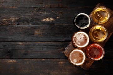 Top view of craft beer flight on rustic wooden table with dark and golden ales, perfect for brewery branding, tasting menu layout, pub promotion, beverage marketing, and social gathering design