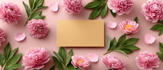 Flat lay composition with peonies and leaves surrounding a blank sheet of paper on a pastel background for various design uses and templates