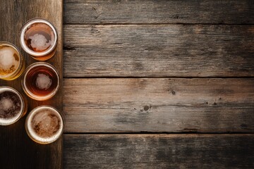 Top view of craft beer flight on rustic wooden table with copy space, showcasing light and dark ales, perfect for brewery branding, tasting menu layout, pub promotion, beverage marketing