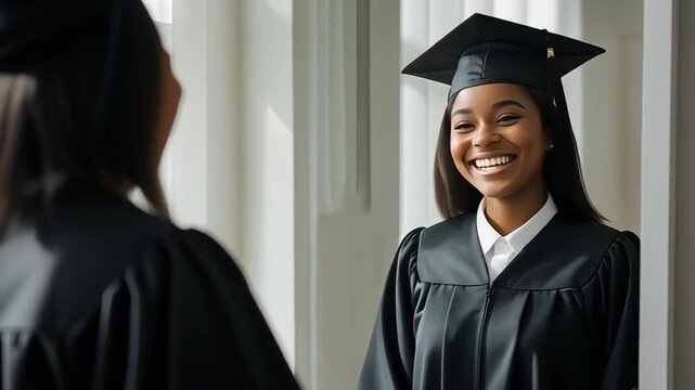 A young woman in graduation attire smiling at her friend in a bright hallway