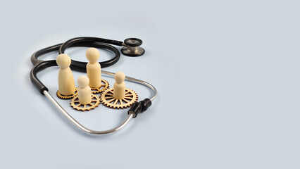 Group of wooden figures surrounded by stethoscope and gears symbolizing integrated healthcare...