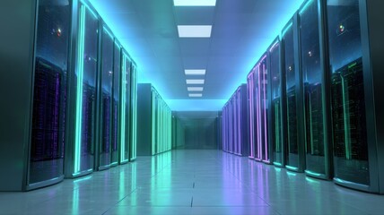 Data Center Corridor with Rows of Server Racks and Blue and Green Illumination, Featuring Advanced Technology
