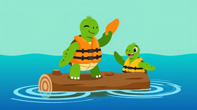 Joyful Turtle Family Floating On A Log In The River Animated Cartoon Style Clip