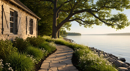 Stone House Lake Path Green Nature Serene Morning Light