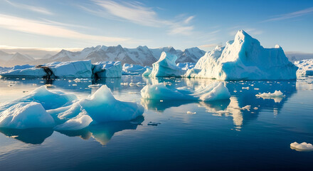 Icebergs Ocean Water Mountains Clear Sky Blue Ice