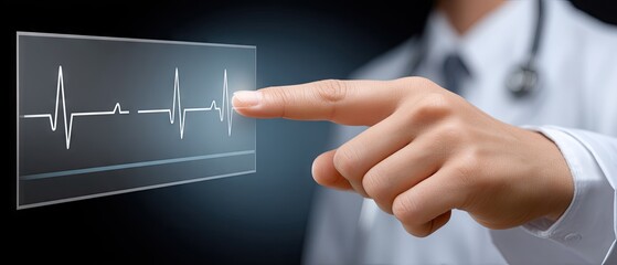 Close-up of doctor pointing at virtual monitor showing sonogram data in clinical setting with focus on details and medical technology