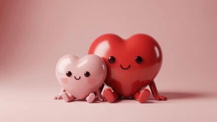 Two heartshaped figures one red and one pink sitting together on a light background symbolizing love and friendship