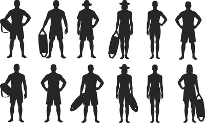 Ten Silhouettes of Lifeguards with Rescue Tubes and Hats on White Background woman male © MdShahin