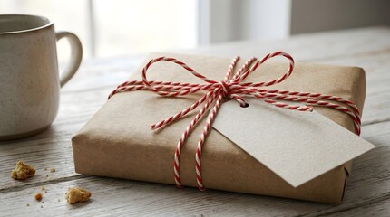 Gift box wrapped in brown paper and red white string with blank tag next to cup and cookie crumbs,minimalist cozy holiday or birthday surprise on wooden table
