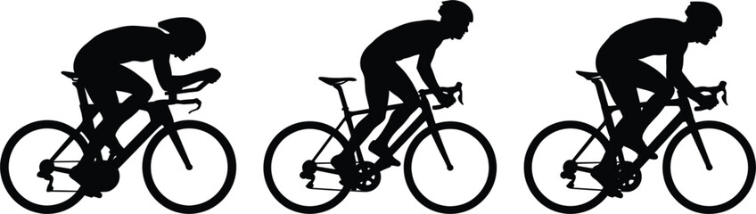 Three Cyclists In Silhouette Riding Road Bikes In A Row On White Background cycling bicycle