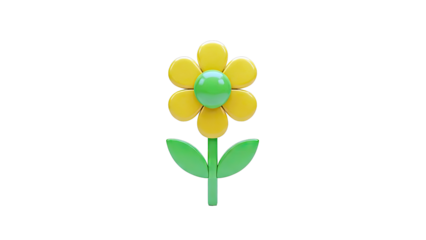 3D Rendered Yellow Flower with Green Center and Leaves