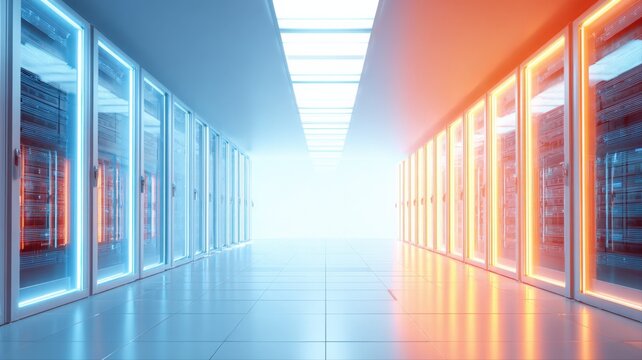 Modern Data Center Server Room with Rows of Rack Servers and Bright Neon Lighting - Powered by Adobe