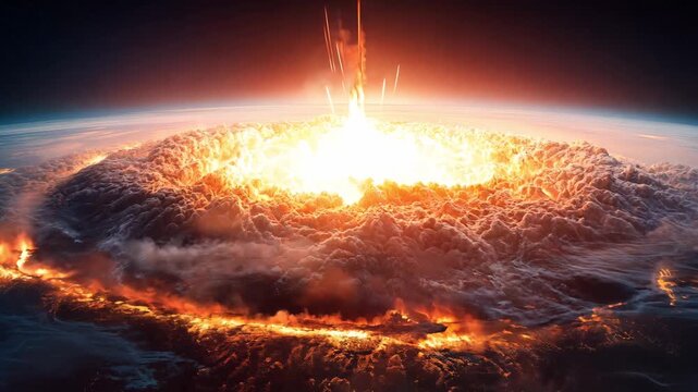 A powerful explosion occurs over the Earth, illuminating the atmosphere with fire and smoke during a dramatic event