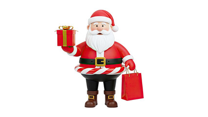 3D Santa Claus holding a gift and a shopping bag