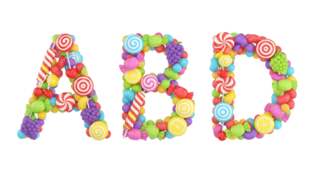 A vibrant and playful display of capital letters A, B, and D intricately composed from a variety of colorful candies, including swirls, gummy shapes, and lollipops, against a transparent background.