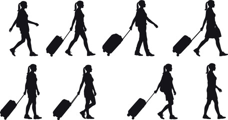 Woman with rolling suitcase walking in silhouette, multiple poses luggage