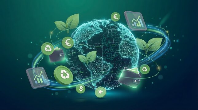 Digital global economy,eco-friendly financial technology,green investment,blockchain finance and sustainable business in a connected world - Powered by Adobe