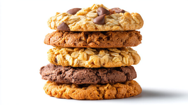 stack of chocolate chip and oatmeal cookies on white background