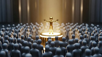 Golden statue stands to deliver speech with bright spotlight.