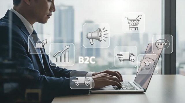 Business professional with laptop, representing the concept of B2C online business.
