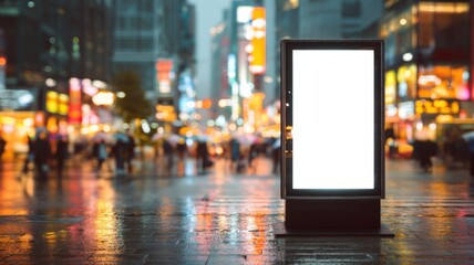Blank Advertisement Billboard in Urban Cityscape at Night: Commercial Outdoor Advertising Space on Pedestrian Street