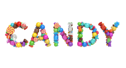 The word CANDY spelled out with a vibrant assortment of colorful candies, lollipops, and chocolates against a transparent background. Each letter is meticulously formed from a variety of sweet treats.