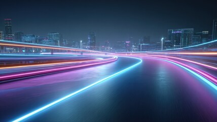 Futuristic Cityscape with Neon Trails: Captivating Night Scene for Technology and Innovation Concepts
