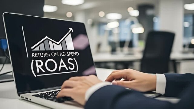 Return On Ad Spend (ROAS) analysis on a laptop for marketing concept.