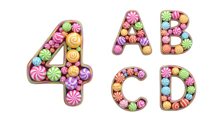 Three dimensional rendering of numbers and letters filled with vibrant, colorful candies. The playful design features a transparent background, ideal for graphic design.