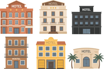 Naklejka premium Hotel and hostel buildings, accommodation types, architectural styles, travel lodging, exterior design, tourism concept, urban structure, guest stay, facade illustration, hospitality theme