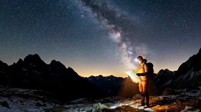 An explorer's illuminated map under a starlit sky. A lone figure contemplates a map illuminated by a headlamp, the majesty of the Milky Way dominating the night.