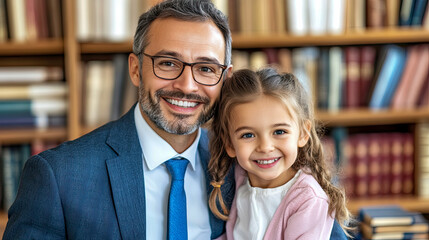 Happy father and daughter smiling together in library, sharing heartfelt moment that symbolizes family, learning, and joy of intellectual connection in educational setting