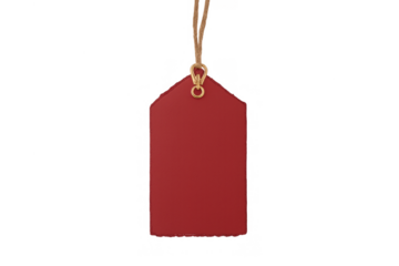 Blank red retail tag with ripped bottom edge hanging on string, useful for prices, discounts, or sales campaigns