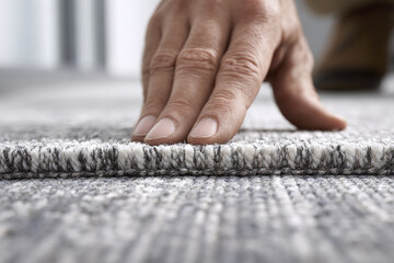 Close up of hand touching soft carpet edge showing texture and detail in home interior with natural light