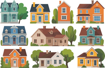 Naklejka premium Residential house illustrations, architectural styles, suburban homes, Victorian design, modern facade, landscaping art, urban planning, home exterior, diverse buildings, neighborhood concept