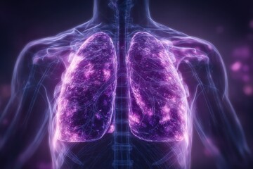 Transparent human lungs glowing with purple energy, editable and customizable image combining medical anatomy with futuristic health technology concepts.