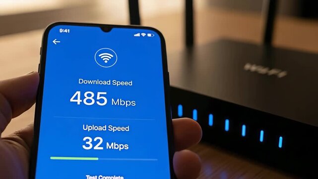 Checking internet speed on a smartphone with a router for the concept of technology.