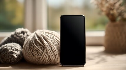 Digital detox concept with smartphone set aside beside knitting yarn symbolizing day without phone and mindful hobby at home
