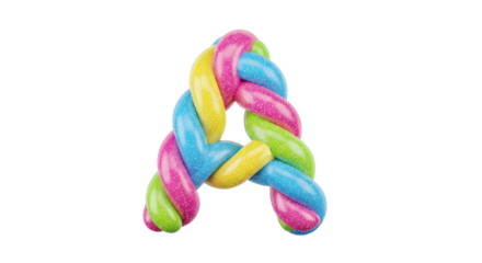 A vibrant, artistic rendering of the letter 'A' styled as a twisted candy rope. The bright colors and sugar speckles create a whimsical, sweet appearance.