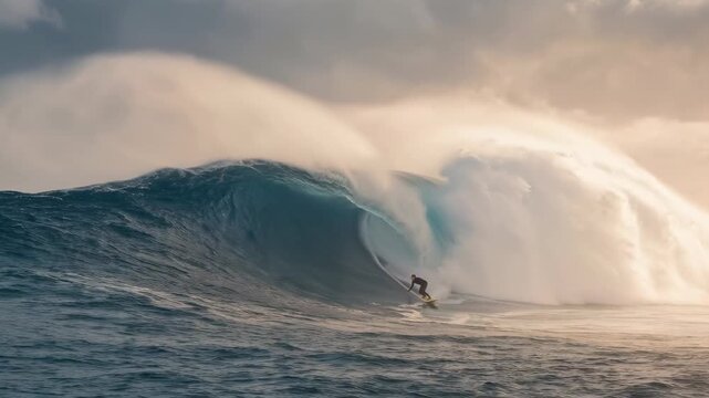 A surfer fearlessly rides a towering wave, skillfully navigating its crest in a moment of thrilling water sport adventure.