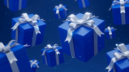 Blue Gift Boxes Floating with Silver Ribbons Holiday