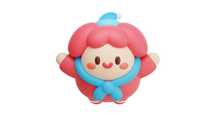 A charming 3d rendered cartoon character, depicted in soft pink attire with a blue scarf and hat, isolated on a transparent background.