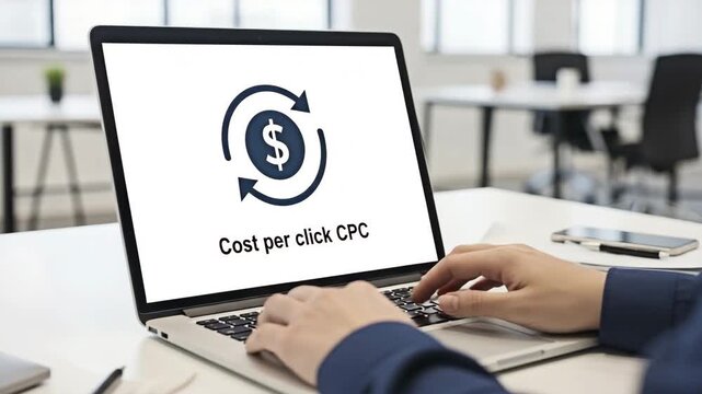 Laptop showing the concept of Cost Per Click (CPC) and digital marketing strategy.