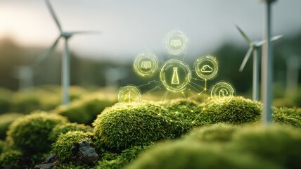 Renewable Energy Innovation: Sustainable Technology Integration with Wind Turbines and Moss, Showcasing a Green Future