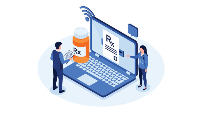 Telemedicine and online pharmacy concept with doctors, a digital prescription on a laptop, and medicine for virtual healthcare.